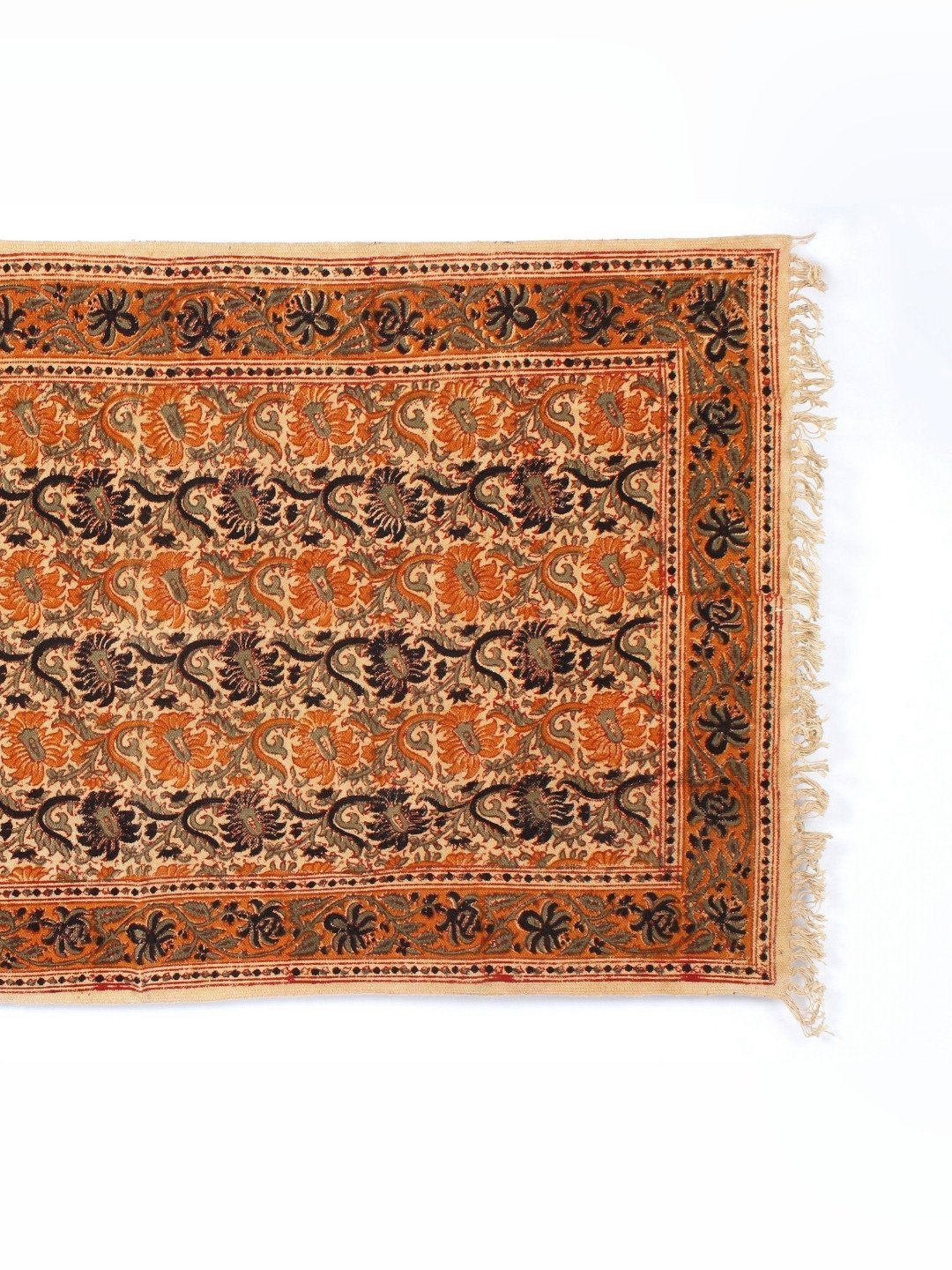 Exotic India Orange Kalamkari Floral Printed Jute Yoga Carpet