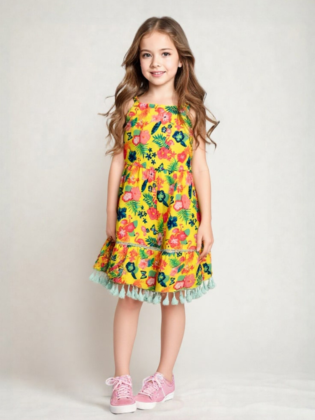 HERE&NOW Floral Shoulder Strap A-Line Tassels Dress