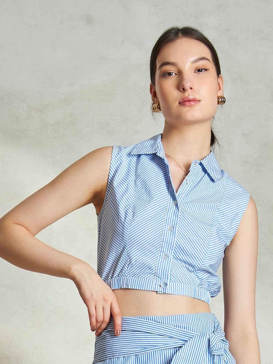 Virgio Pure Cotton Striped Cropped Sleeveless Shirt
