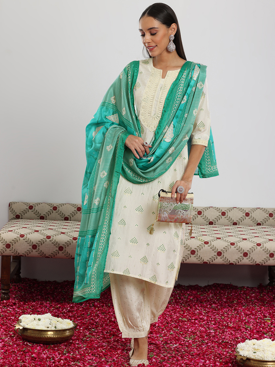 Libas Women Floral Printed Regular Sequinned Kurta with Salwar & Dupatta