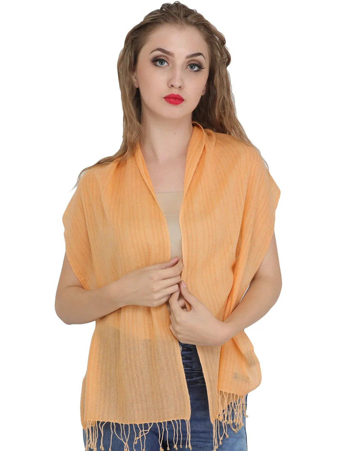 Exotic India Peach Pure Wool Woven Stripes Pure Wool Scarf