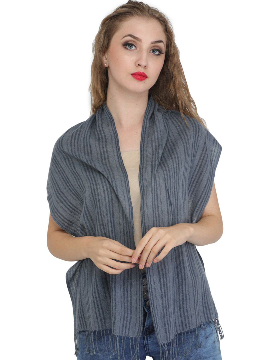 Exotic India Gray Pure Wool Woven Stripes Pure Wool Scarf