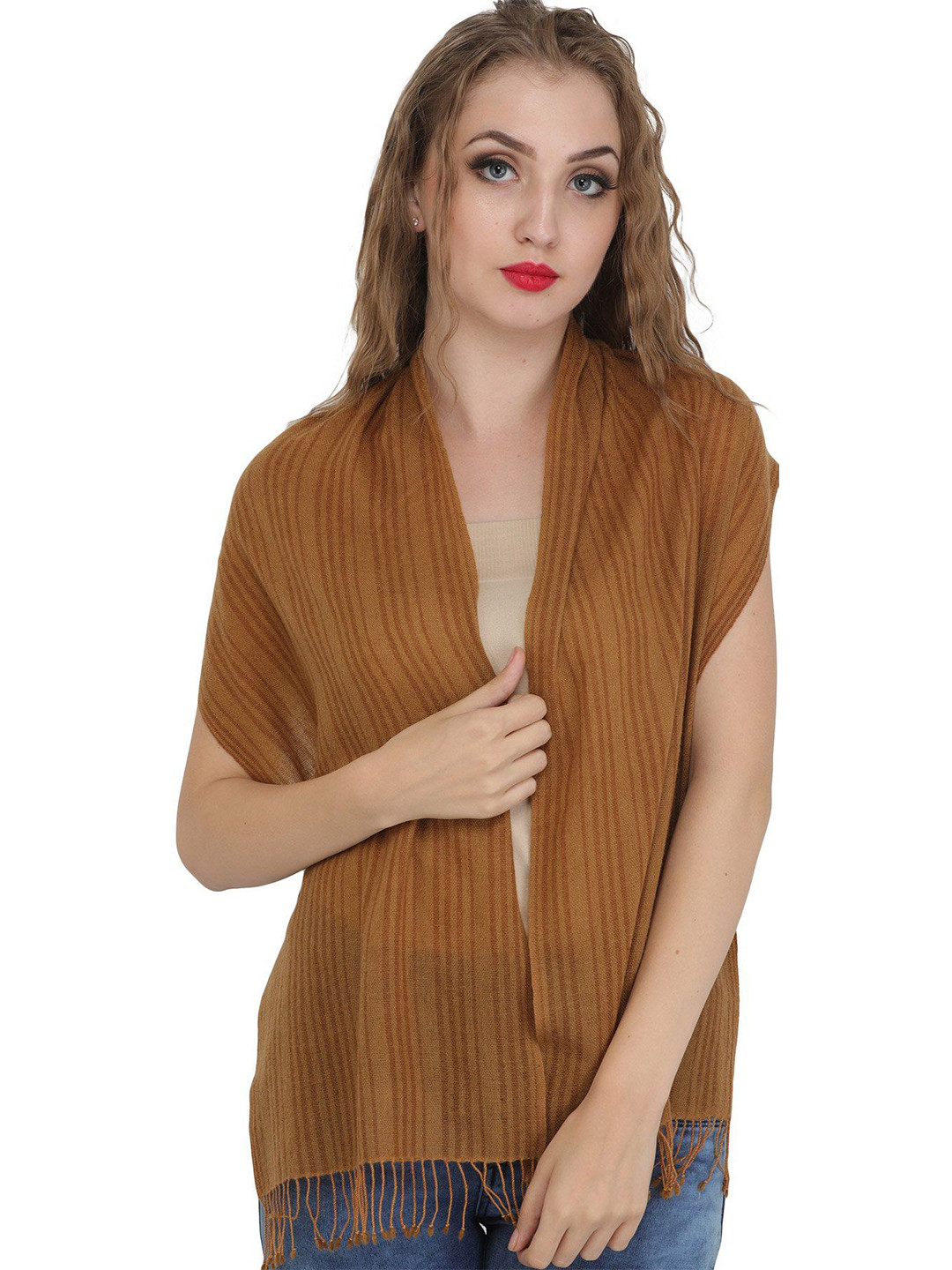Exotic India Tobacco Brown Pure Wool Woven Stripes Pure Wool Scarf