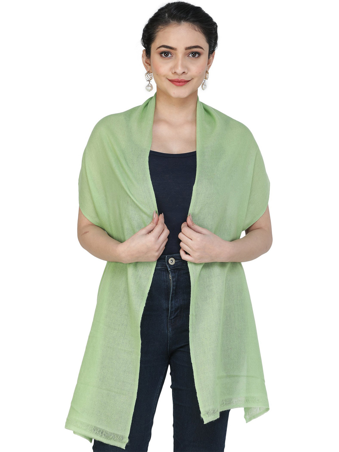 Exotic India Opaline Green Plain Pure Cashmere Woven Scarf