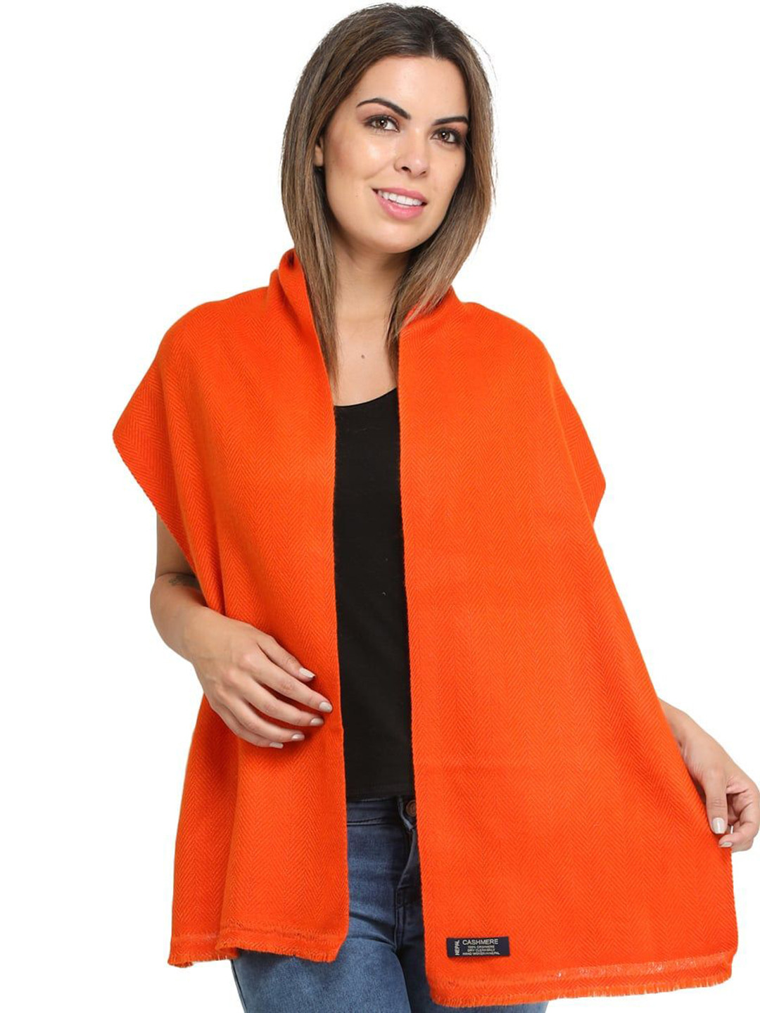 Exotic India Camelia Orange Plain Pure Pashmina Scarf with All-Over Weave