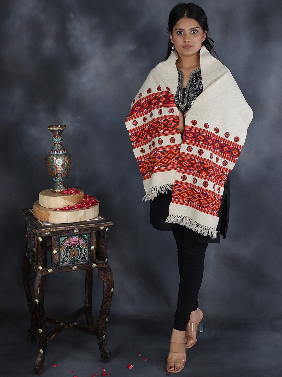 Exotic India Antique White Kinnauri Bold Multicolor Woven Border Kullu Woolen Scarf