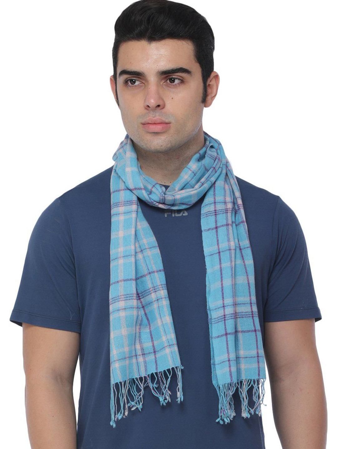 Exotic India River Blue Checks Woven Pure Cashmere Wool Men's Scarf