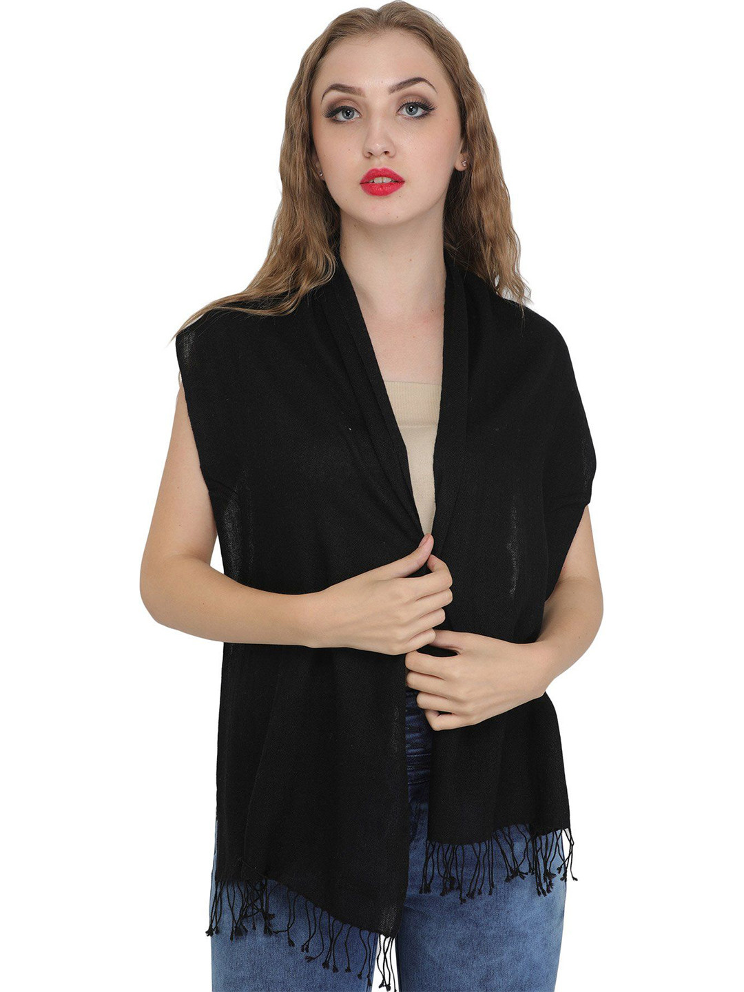 Exotic India Caviar Black Pure Wool Woven Stripes Pure Wool Scarf