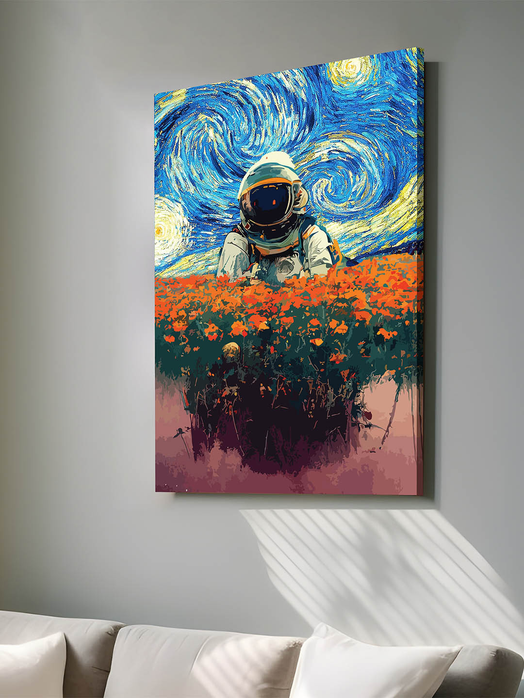 Art Street Orange & Blue Canvas Astronaut Graffiti Floral Wall Art