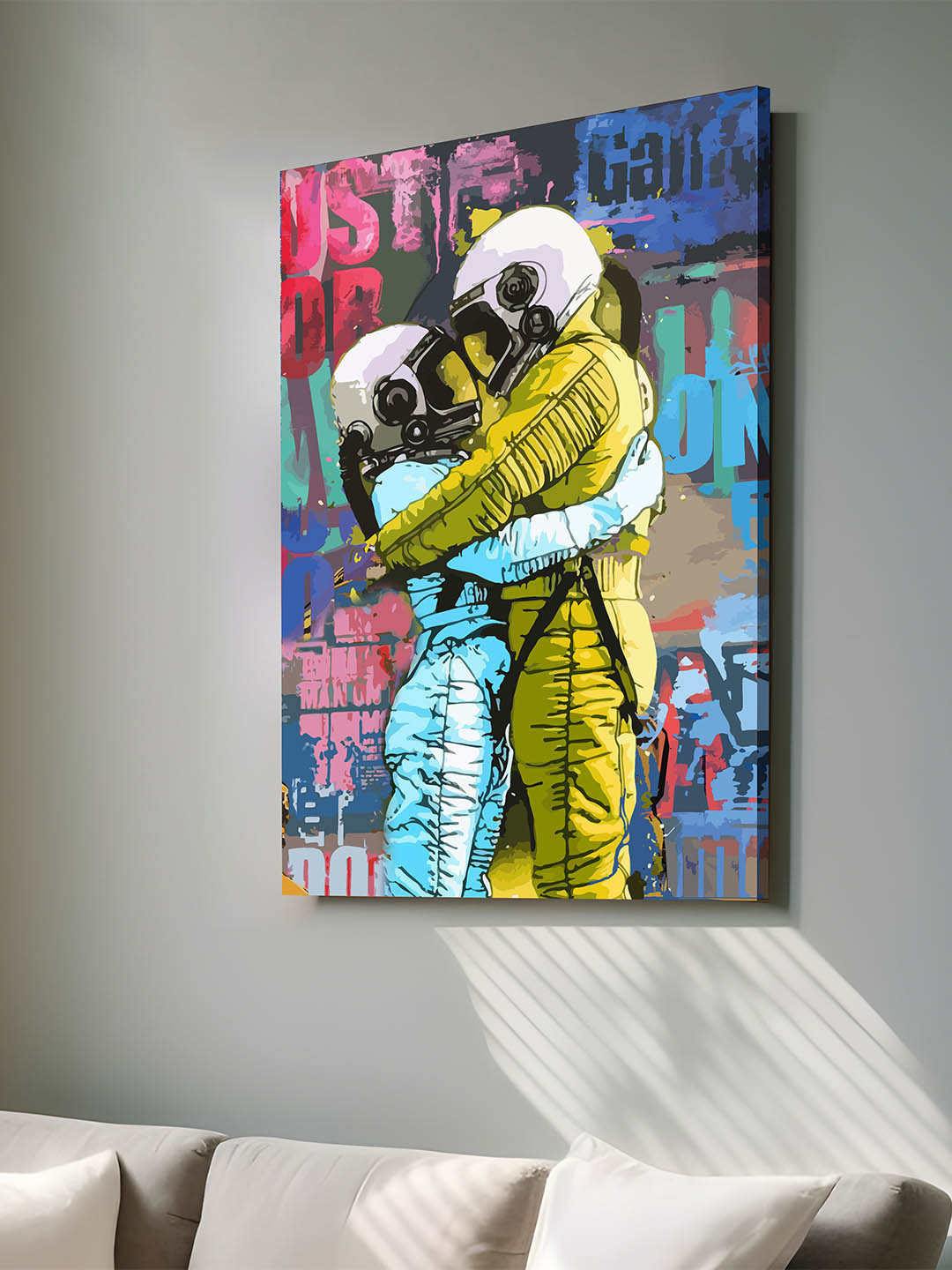 Art Street Lime Green & Blue Canvas Astronaut Couple In Love Graffiti Wall Art