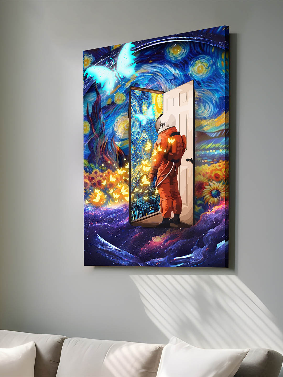 Art Street Gold-Toned & Blue Canvas Space Astronaut Door way Graffiti Wall Art