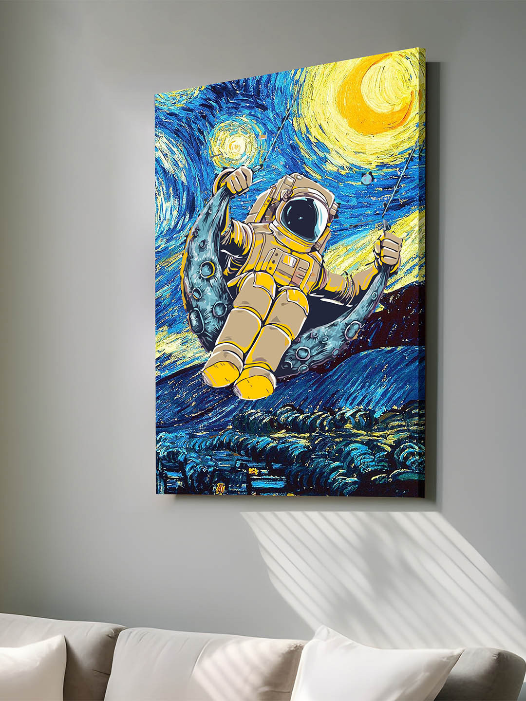 Art Street Space Astronaut on Moon Canvas Wall Rectangle Paintings Wall Art - 34 x 22In