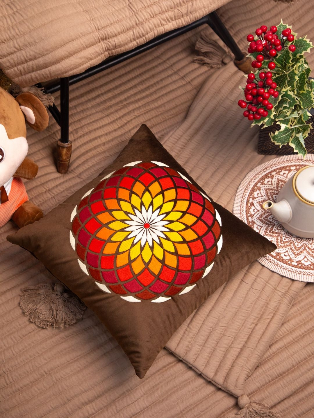 STUDIOHMK Brown Embroidered Velvet Cushions