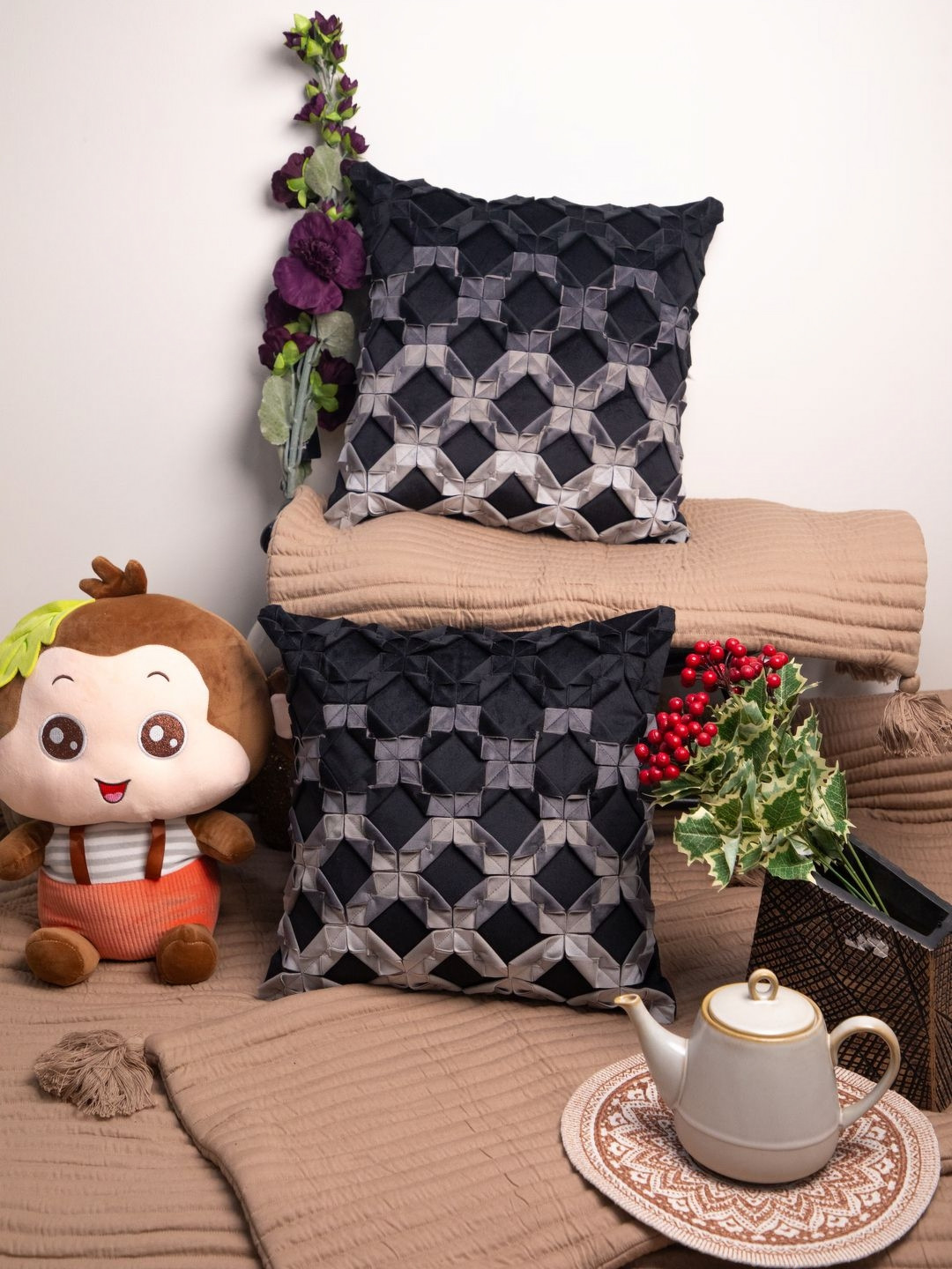 STUDIOHMK Black Embroidered Square Cushions