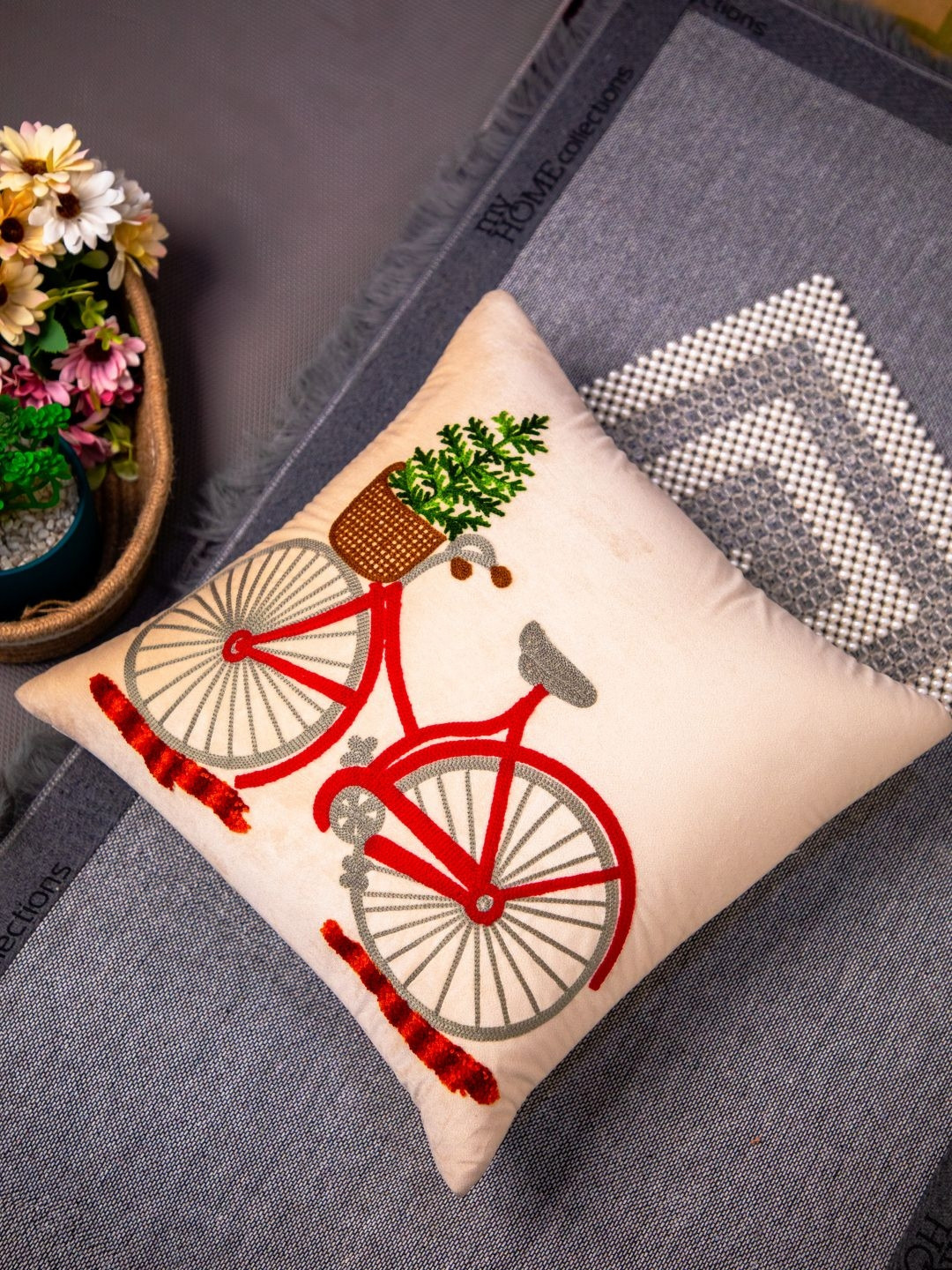 STUDIOHMK Peach-Coloured & Red Embroidered Cotton Square Cushion Cover