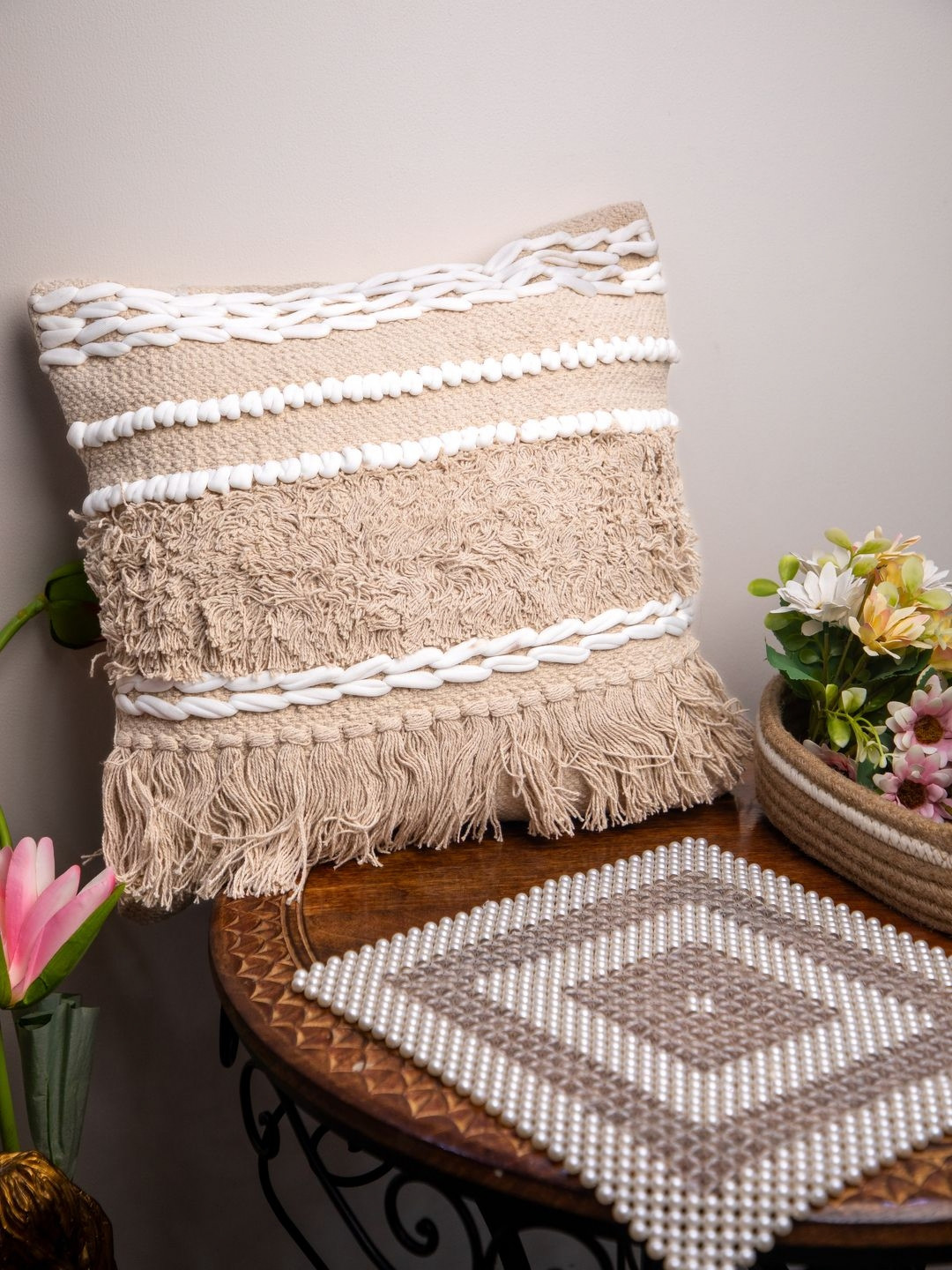 STUDIOHMK Peach-Colored Self-Design Square Cushion Cover