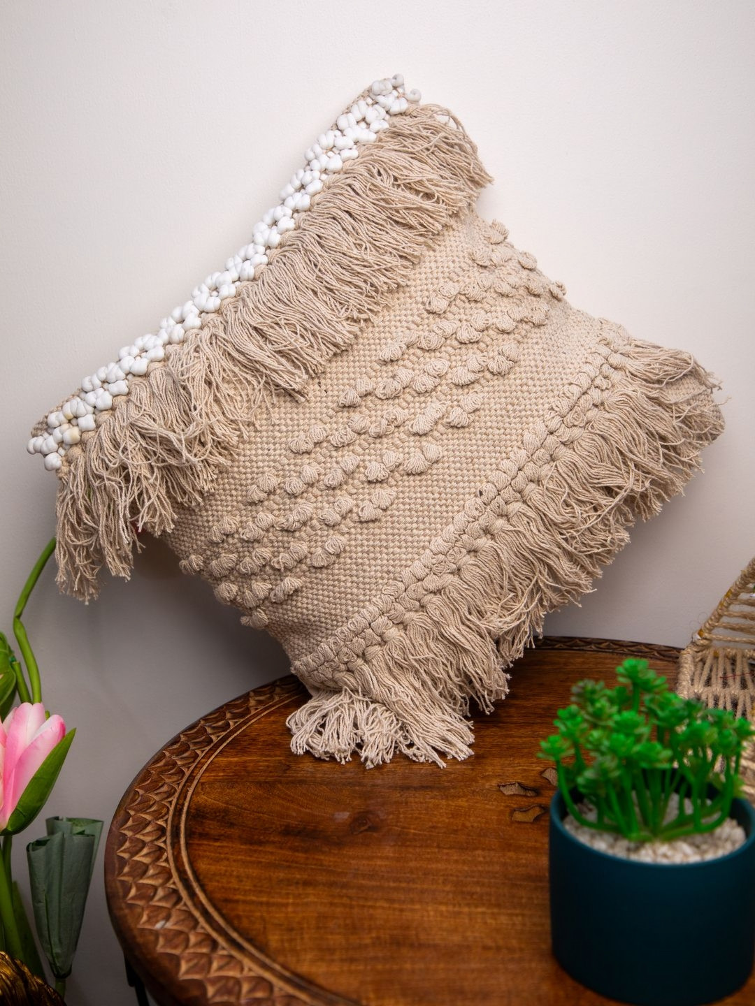 STUDIOHMK Handloom Self Design Cotton Square Cushion Covers - 15.7 x 15.7 In