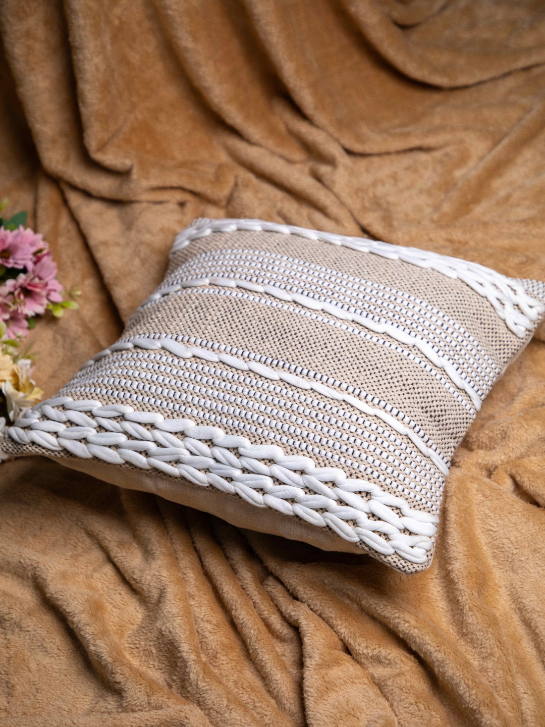STUDIOHMK Self Design Cotton Breathable Embroidered Cushion Cover - 15.7 x 15.7 Inches