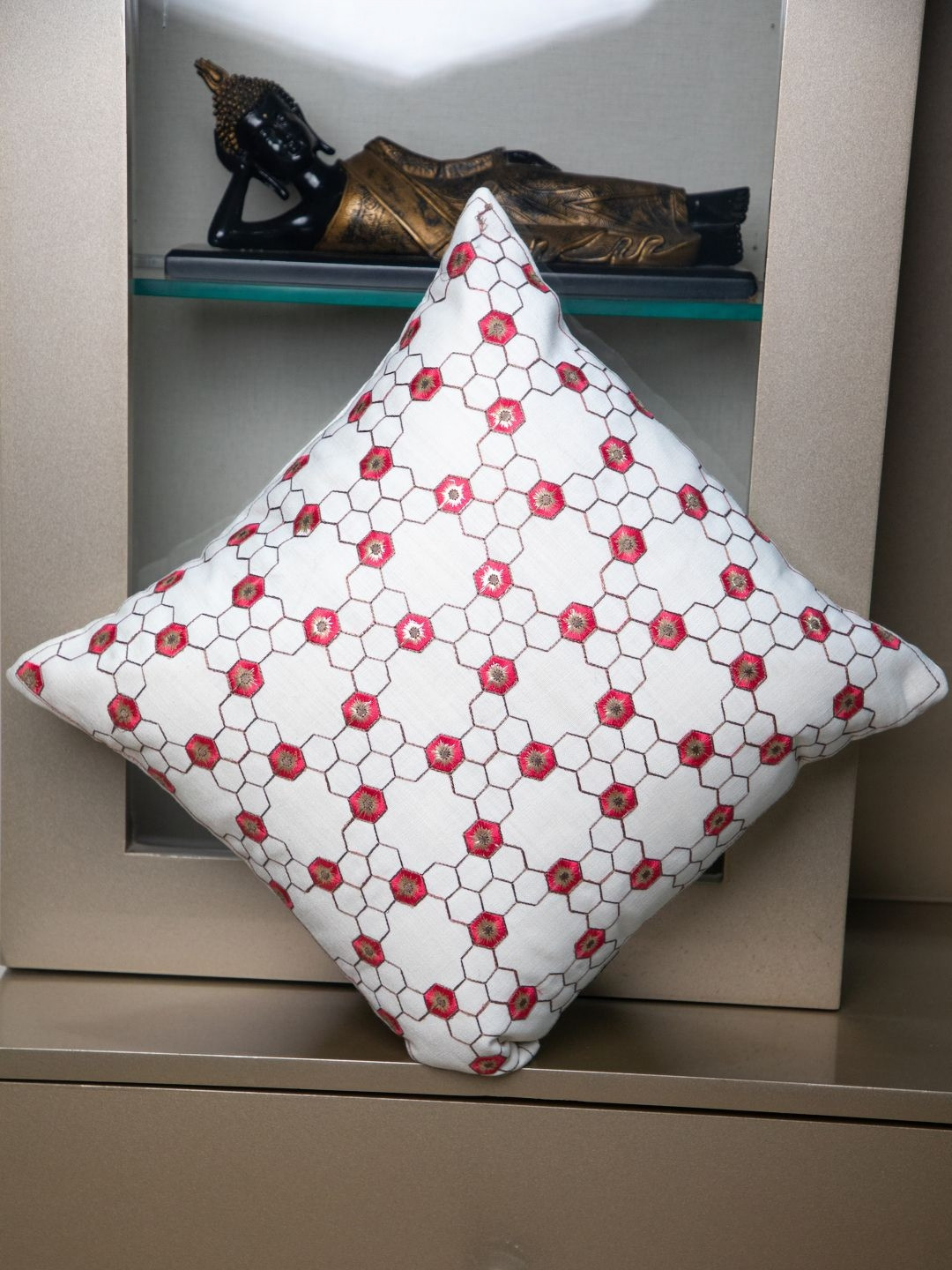 STUDIOHMK White & Red Foil Printed Square Cushion Cover