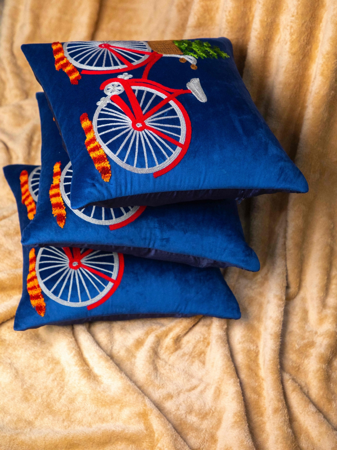 STUDIOHMK Embroidery Blue Embroidered Velvet 3 Pcs Square Cushion Covers -15.7x15.7In
