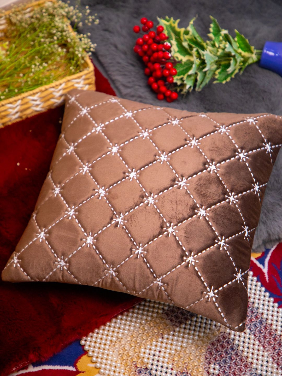 STUDIOHMK Coffee Brown & White Embroidered Square Cushion Cover