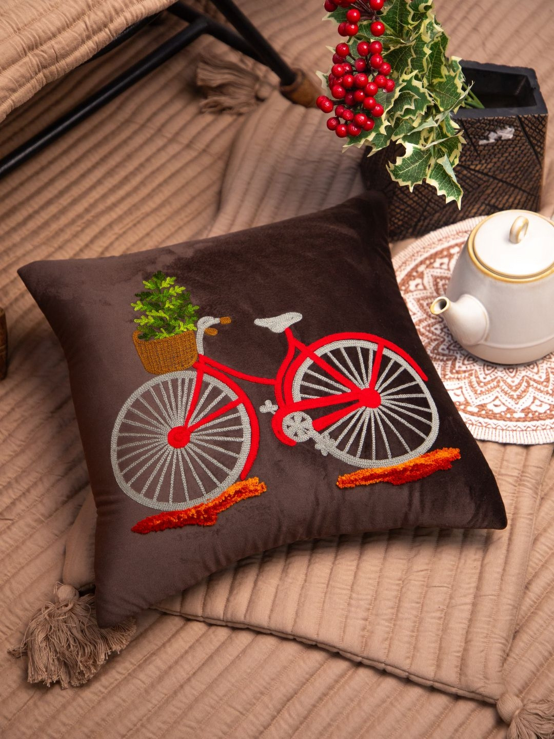 STUDIOHMK Dark Brown Velvet Printed Square Cushion Cover