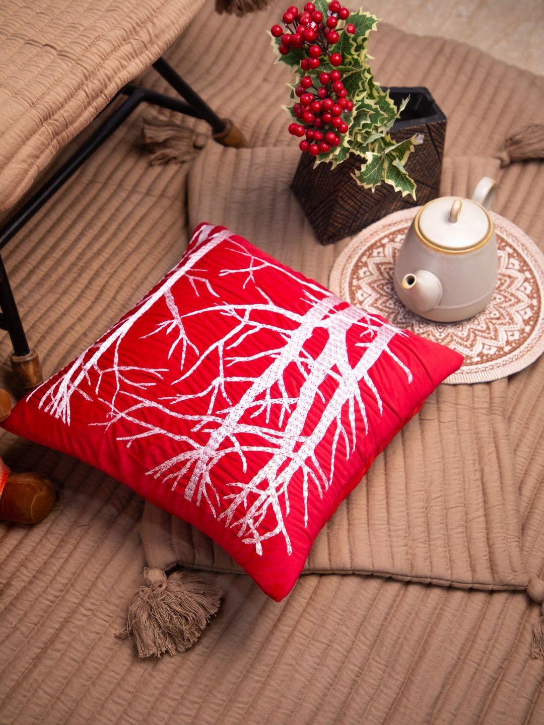 STUDIOHMK Red Self Design Velvet Durable Textured Square Cushion Cover -16x16In