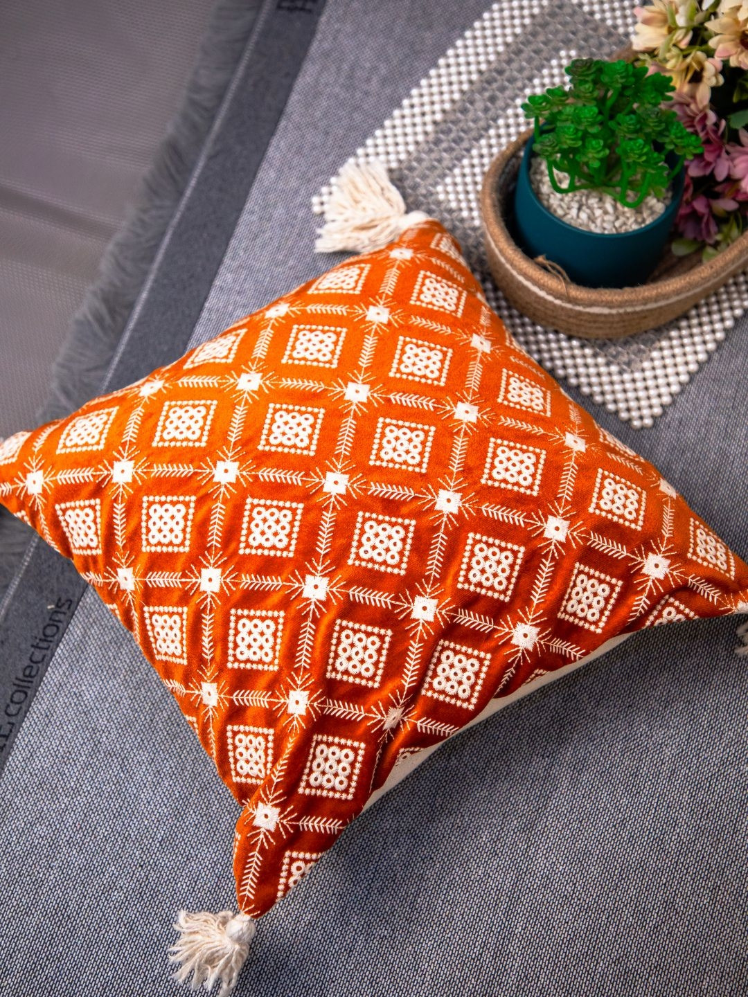 STUDIOHMK Embroidery Geometric Velvet Durable Embroidered Square Cushion Cover -16x16In