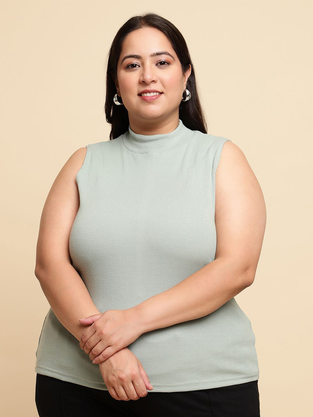 Sea Green High Neck Plus Size Sleeveless Top