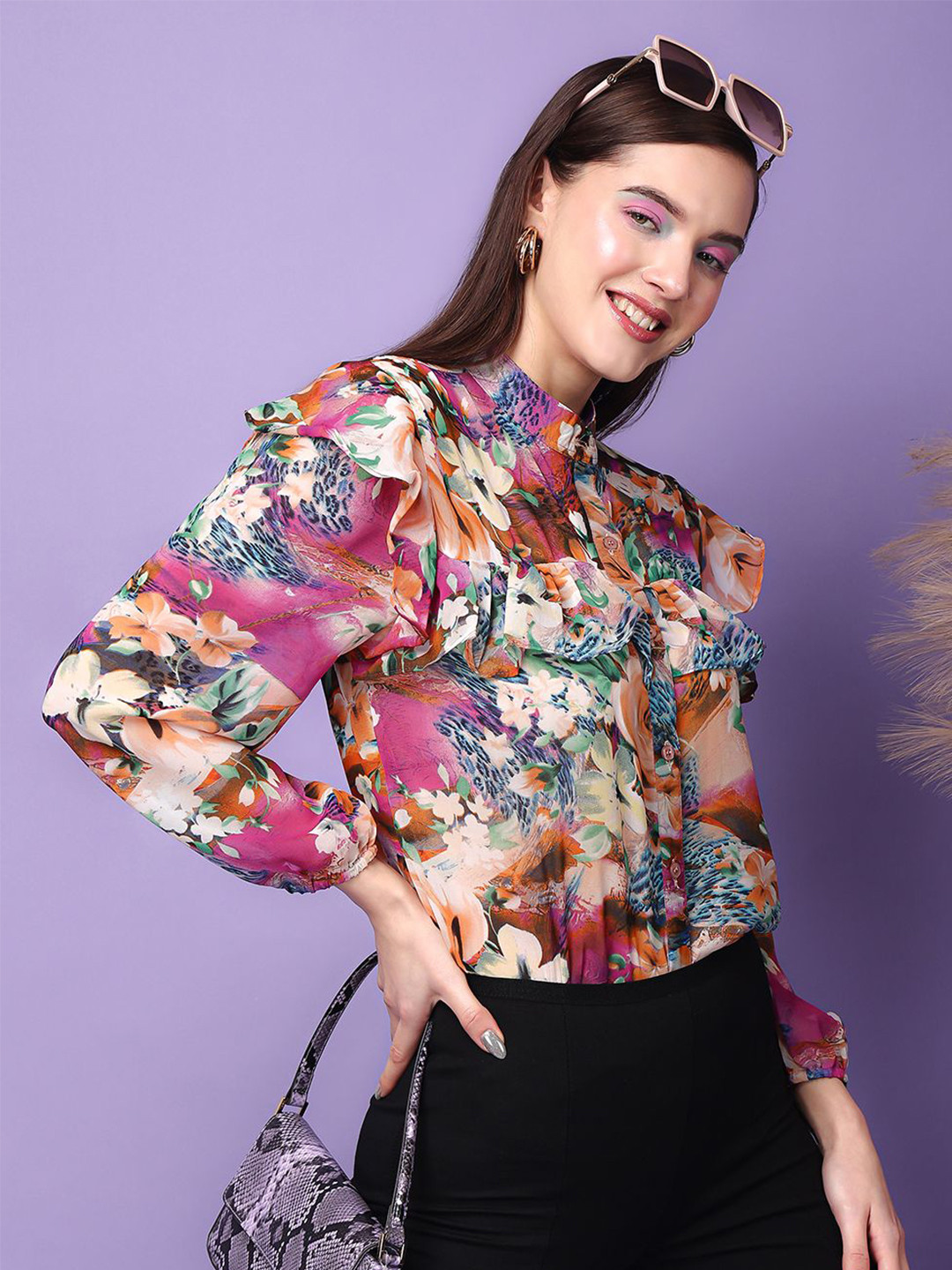 Cation Women Floral Printed Mandarin Collar Casual Shirt
