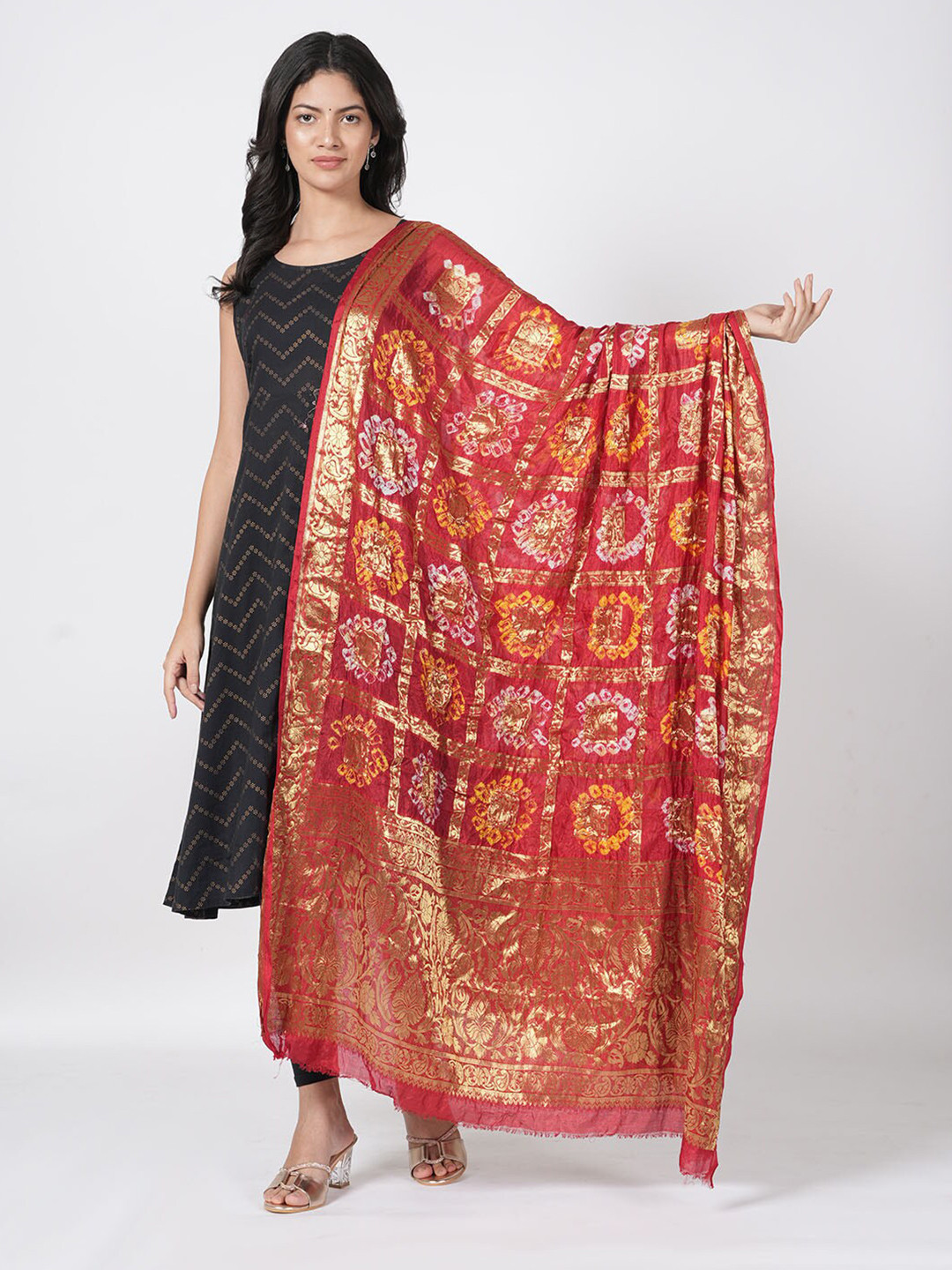 MUFFLY Women Woven Design Bandhani Print Tie and Dye Dupatta