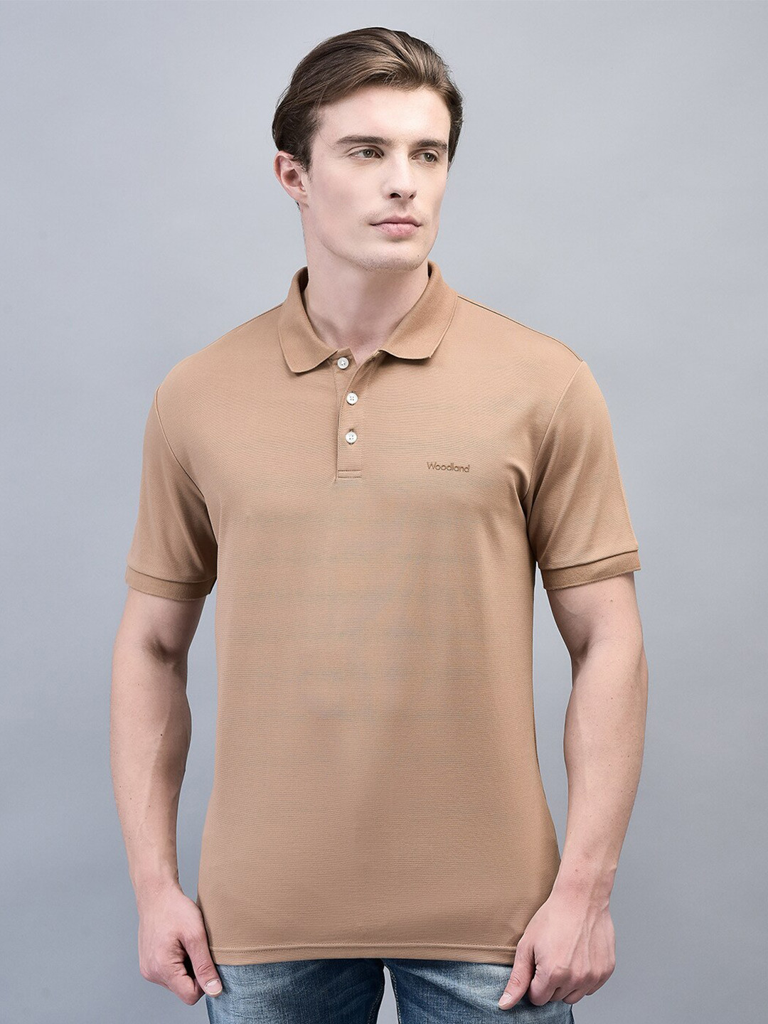 Woodland Men Self Design Embroidered Brand Logo Polo Collar T-shirt