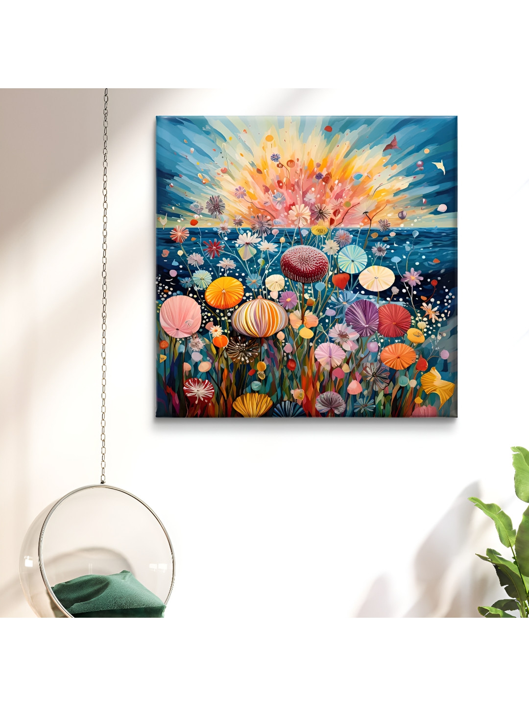 SAF Blue & Pink Wooden Framed Bunch of flower Canvas Wall decor Painting