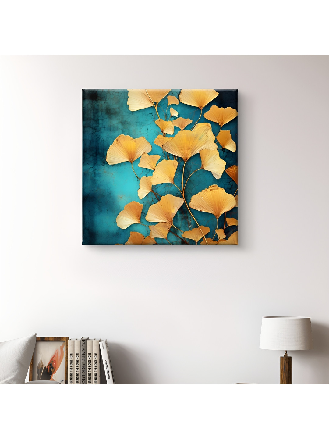 SAF Blue & Gold-Toned 1 Piece Canvas Floral and Botanical Wall Paintings