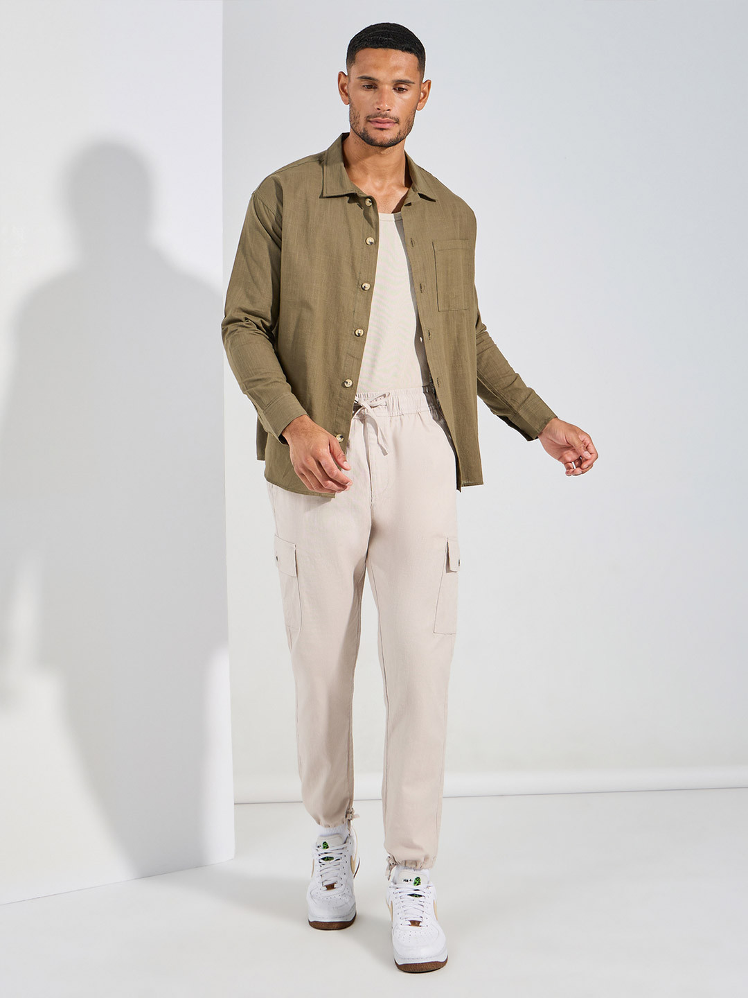 Styli Cotton Slub Cargo Pocket Relax Fit Trousers With Adjustable Drawcord Hem