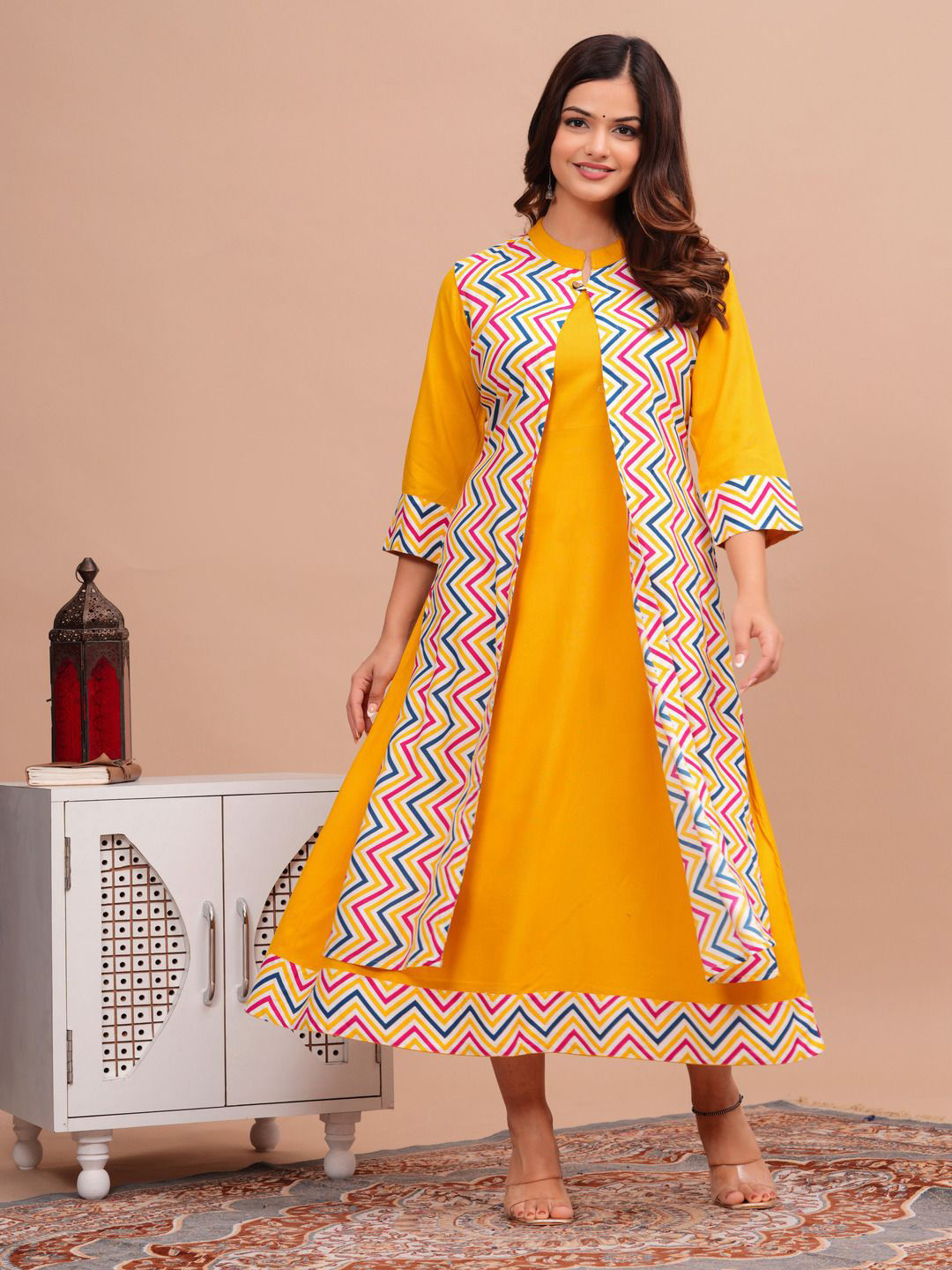 SRFA A-Line Yellow Maxi Ethnic Dress With Shrug For Women
