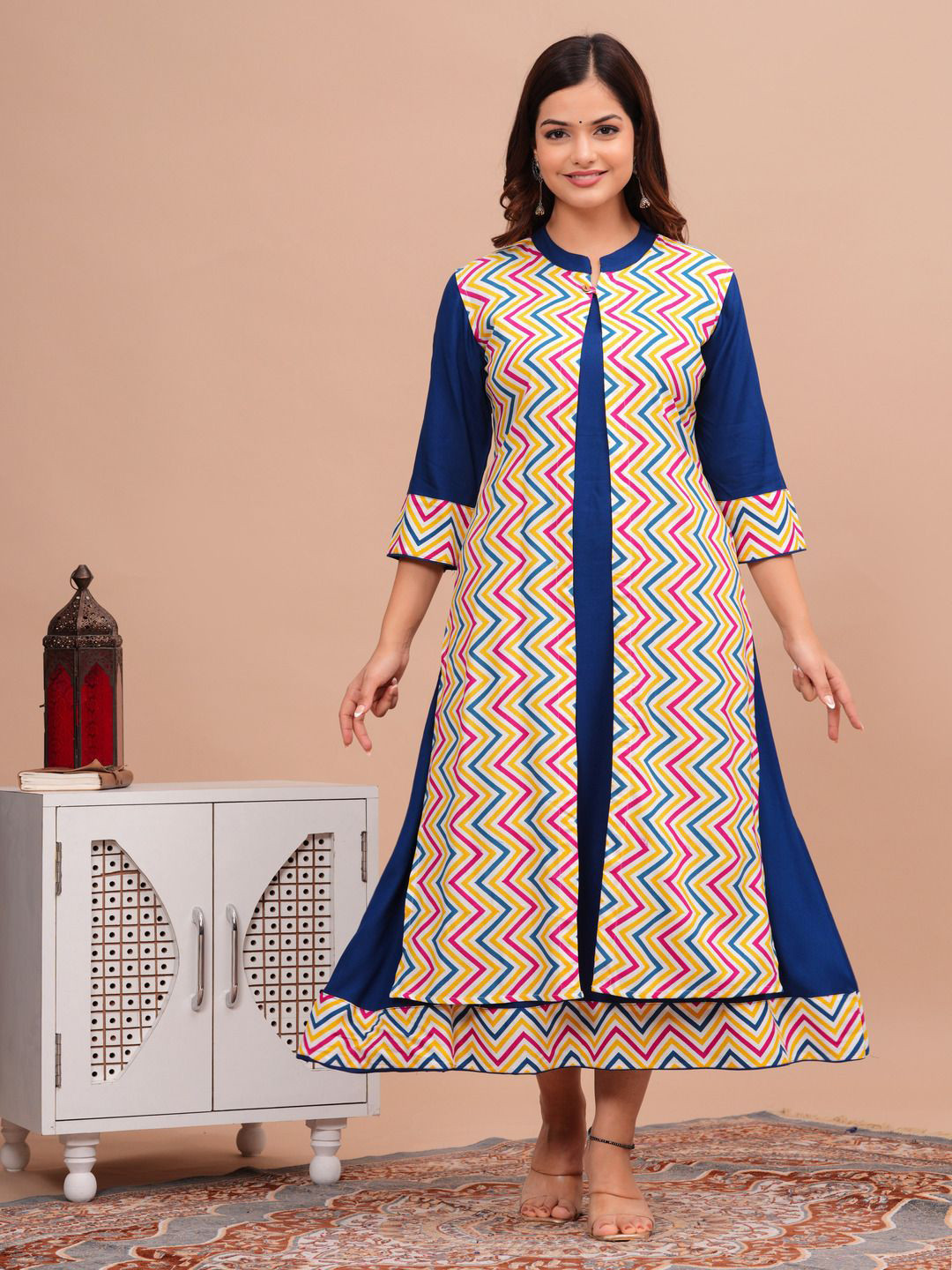 SRFA A-line Blue Rayon Maxi Ethnic Dress With Shrug for Women