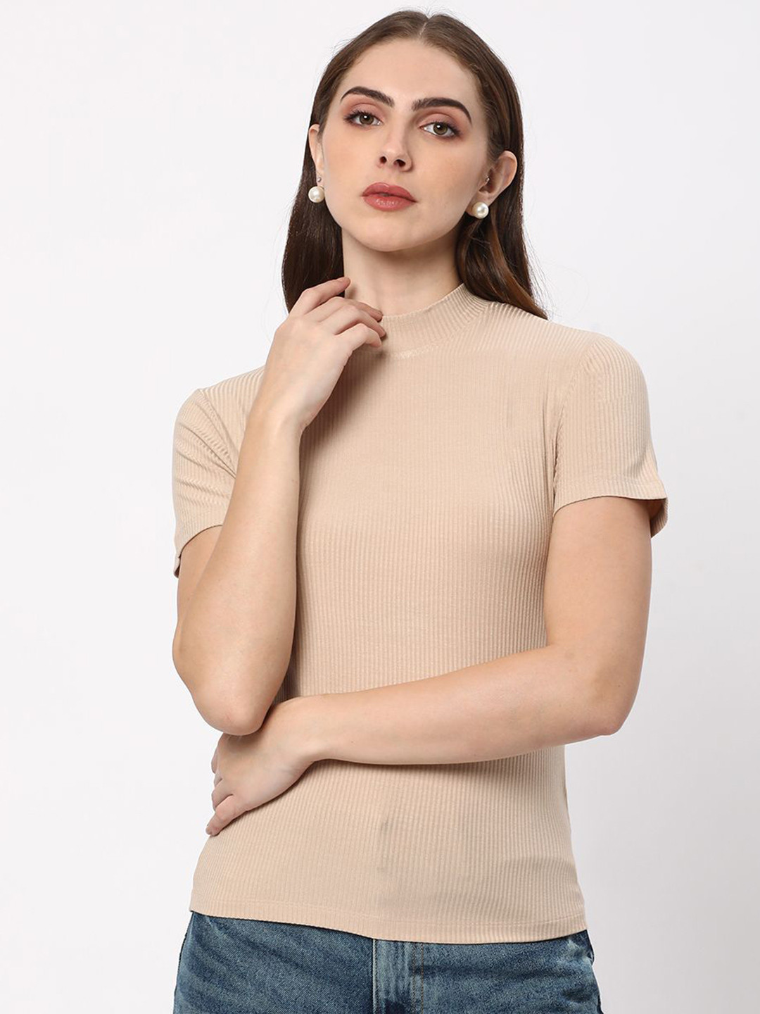 R&B Solid Self Design High Neck Fitted Top