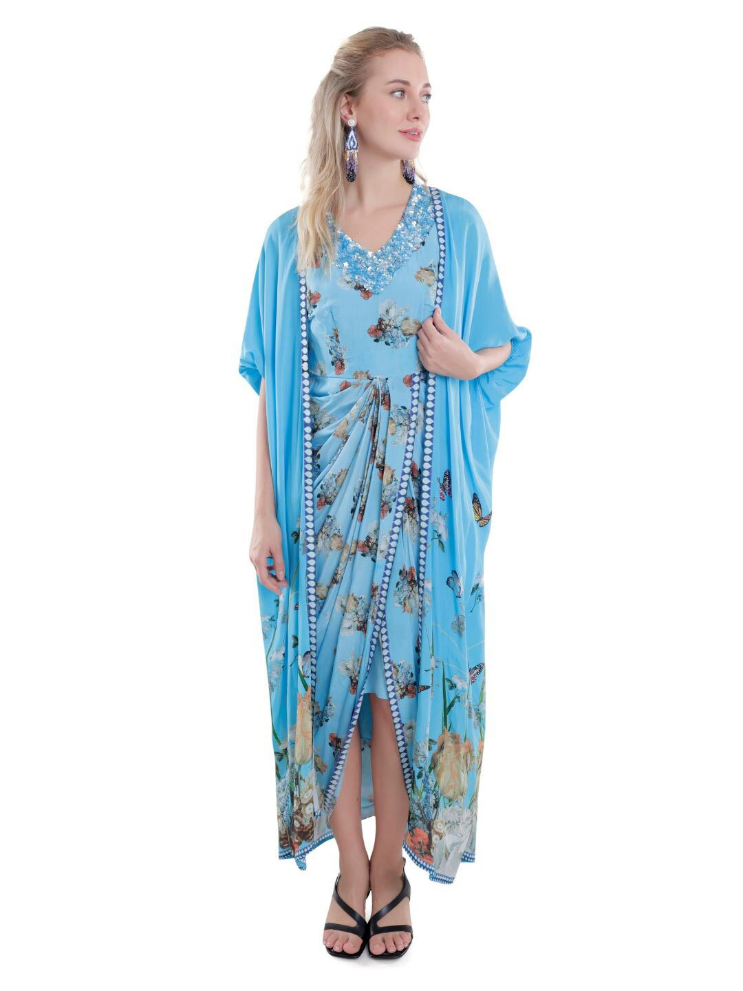 JYO DAS Floral Printed Draped Kimono Sleeve Crepe Sheath Dress With Cape