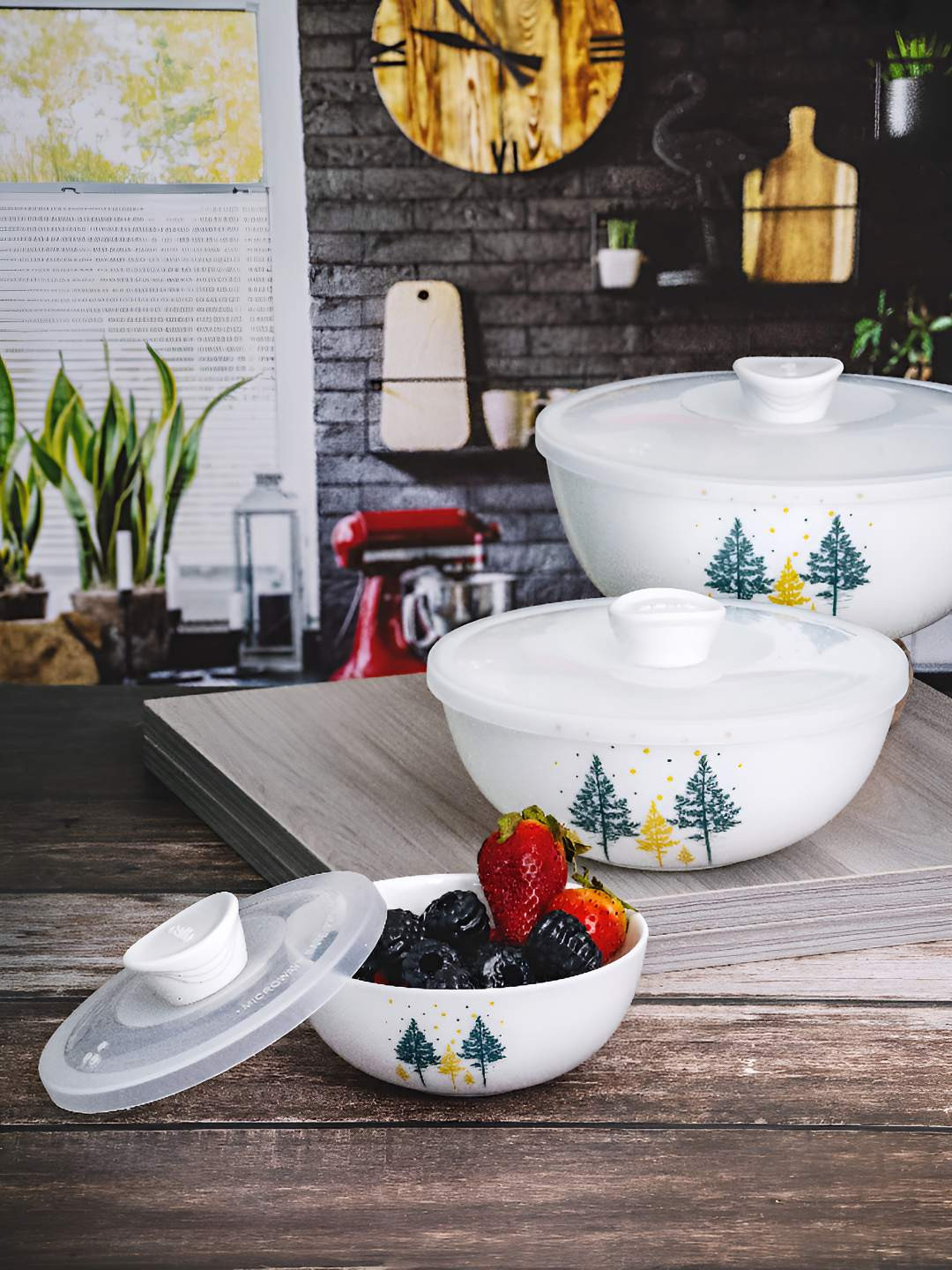 Cello 3 Pieces White & Green Ceramic Opalware Bowls