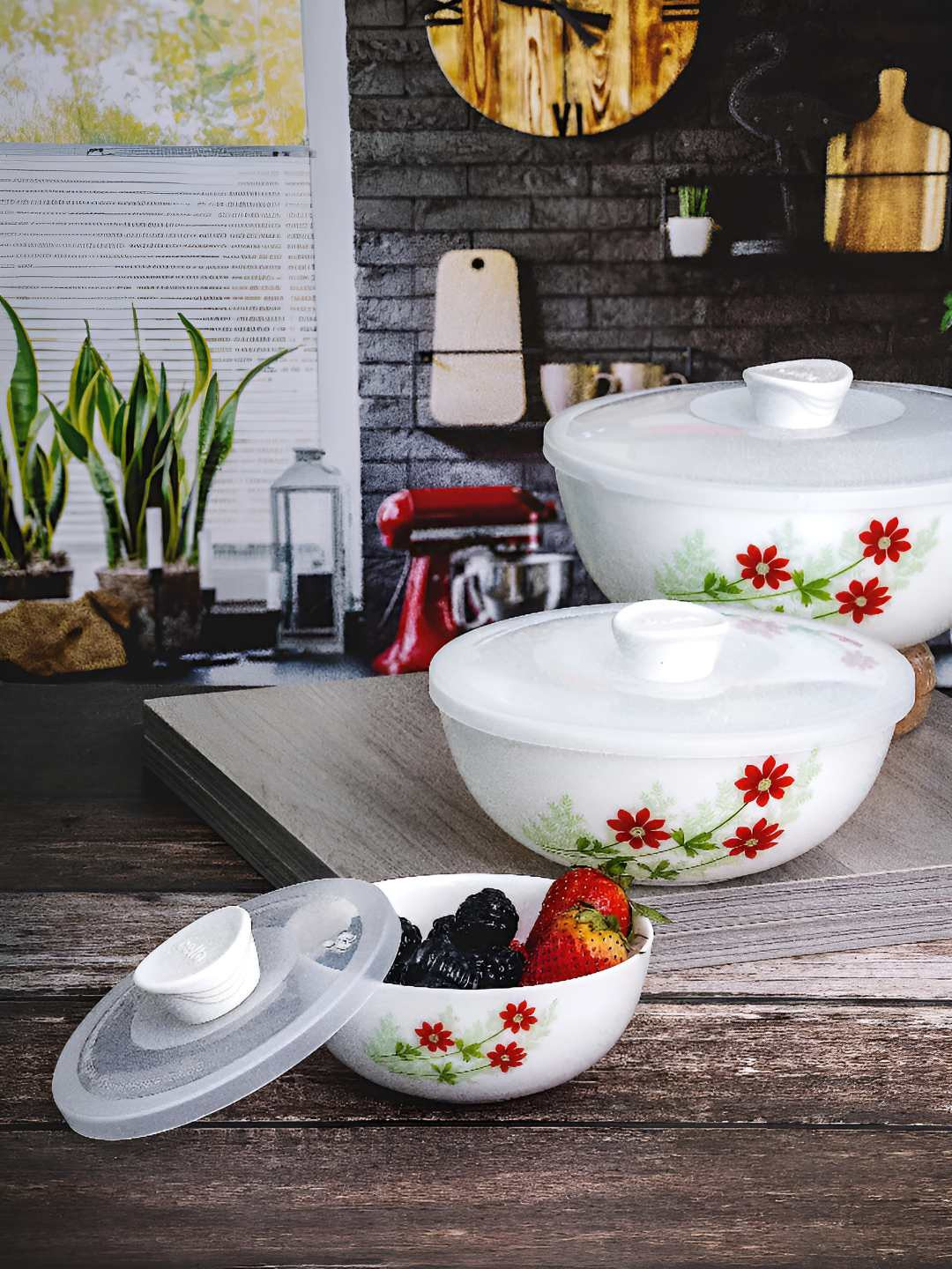 Cello 3 Pieces Printed White & Red Opalware Bowl - 2060 gms