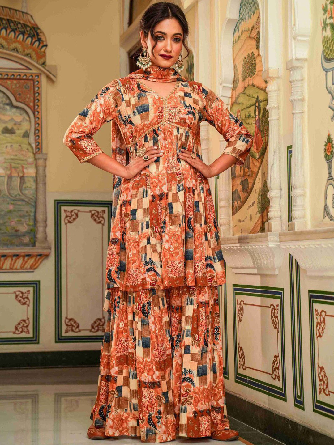 Zolo Label Floral Printed A Line Kurta with Sharara & With Dupatta