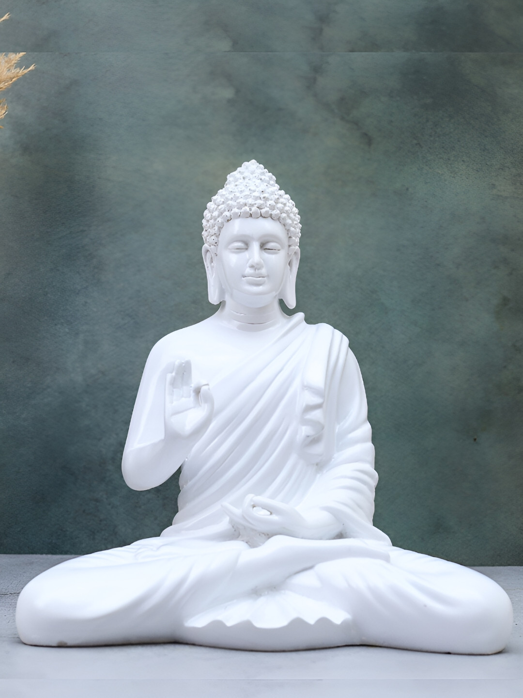 The Advitya Meditating Buddha White Polyresin Matte Living Room Small Showpiece - 14.5 Inches