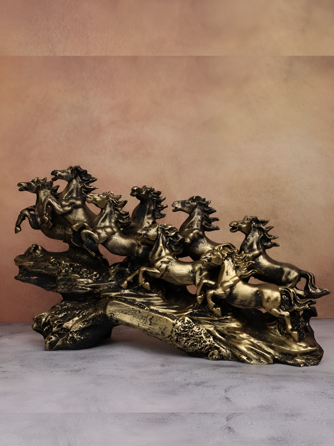 The Advitya Eight Running Victory Horses Gold Metal Metallic Home Office Medium Showpiece - 10 Inches