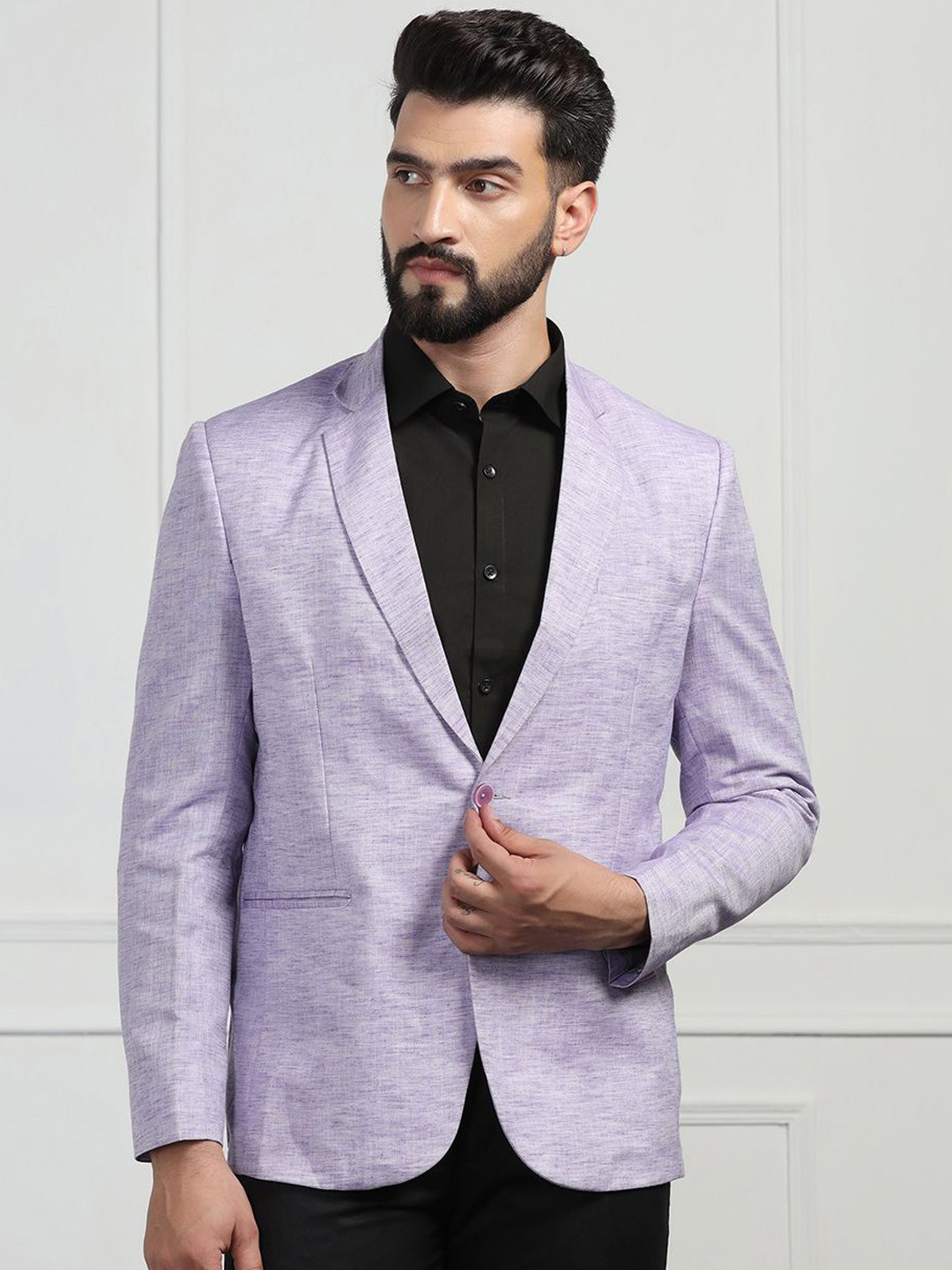 TAHVO  Long Sleeve Double Vent Single Breasted Men linen purple blazer