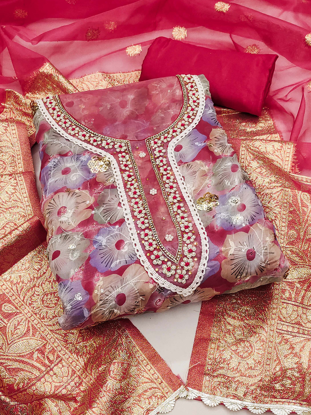 KIMISHA Hand Work Floral Printed Unstitched Dress Material