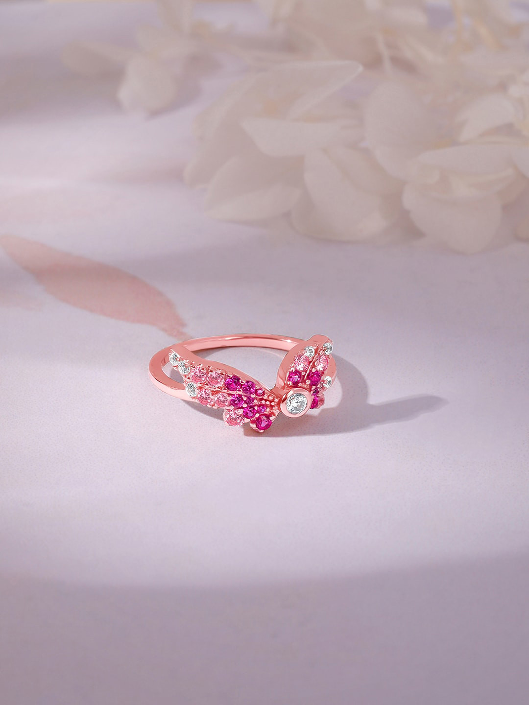 GIVA 925 Silver Rose Gold-Plated Stone-Studded Fingers Ring