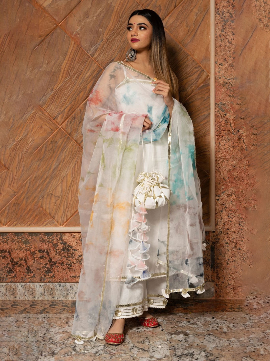 Pomcha Women Holi White Suit Set Empire Pure Cotton Kurta with Palazzos & With Dupatta