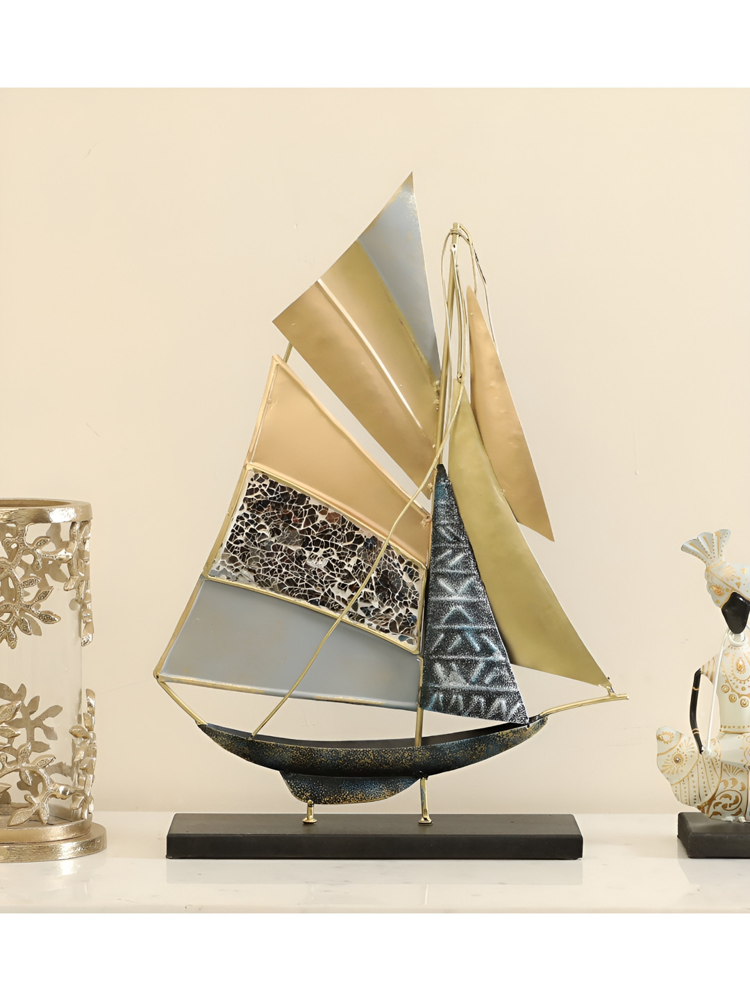 vedas F-Myra Boat Grey Metal Metallic Living Room Large Showpiece - 20 Inches