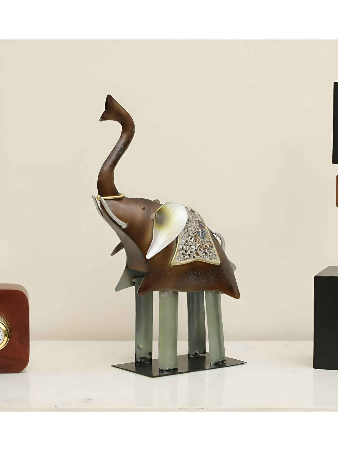 vedas F-Anaya Elephant Brown Metal Metallic Living Room Medium Showpiece - 14.5 Inches